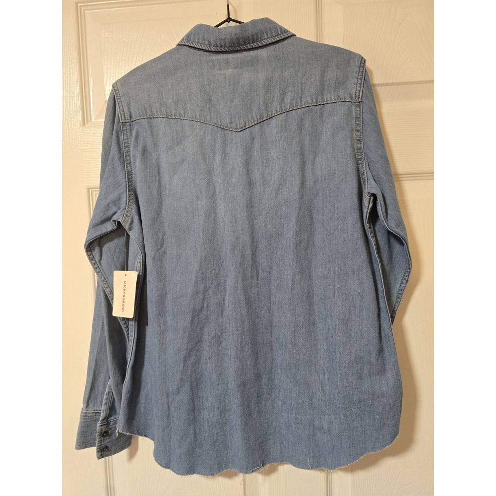 LUCKY BRAND Denim Western Shirt Pearl Snap Raw Hem Sawtooth Style Indigo Blue S - Picture 2 of 10